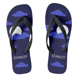 Smiling Full Moon with Clouds:  Dark Blue Flip Flops