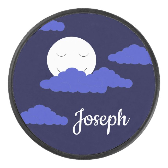 Smiling Full Moon with Clouds: Dark Blue Hockey Puck (Front)