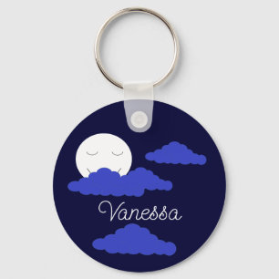 Smiling Full Moon with Clouds: Dark Blue Key Ring