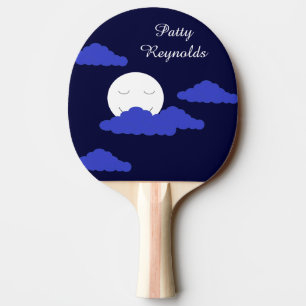 Smiling Full Moon with Clouds:  Dark Blue Ping Pong Paddle