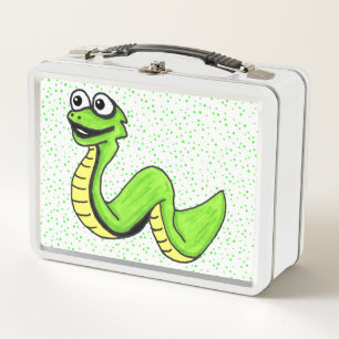 Smiling Fun Cartoon Snake Bright Green on Dots Metal Lunch Box