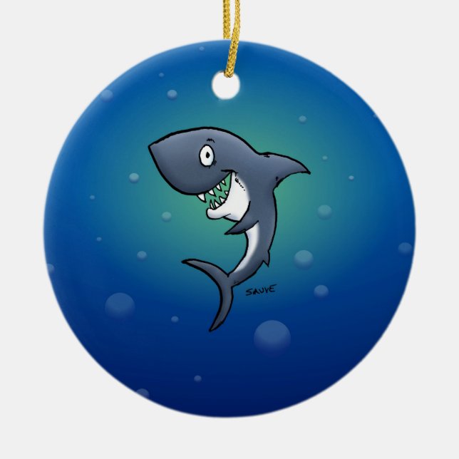 Smiling Funny Shark on Blue Background Ceramic Tree Decoration (Front)