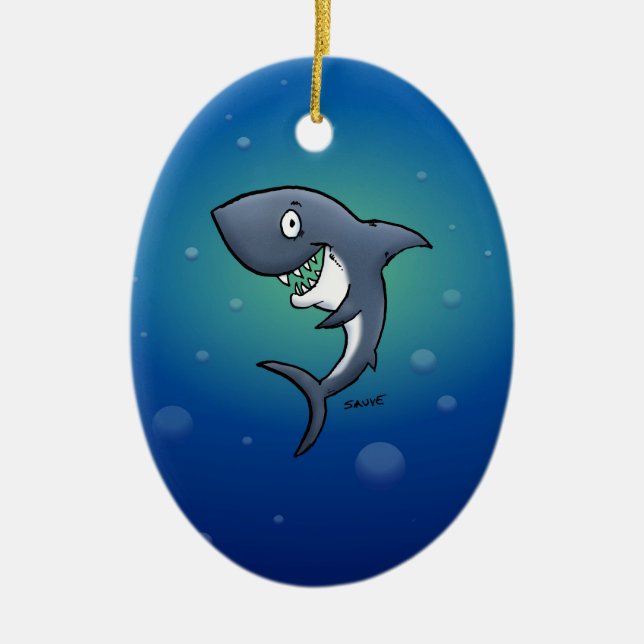 Smiling Funny Shark on Blue Background Ceramic Tree Decoration (Front)