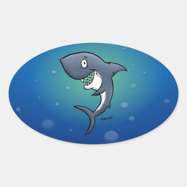 Smiling Funny Shark on Blue Background Oval Sticker (Front)