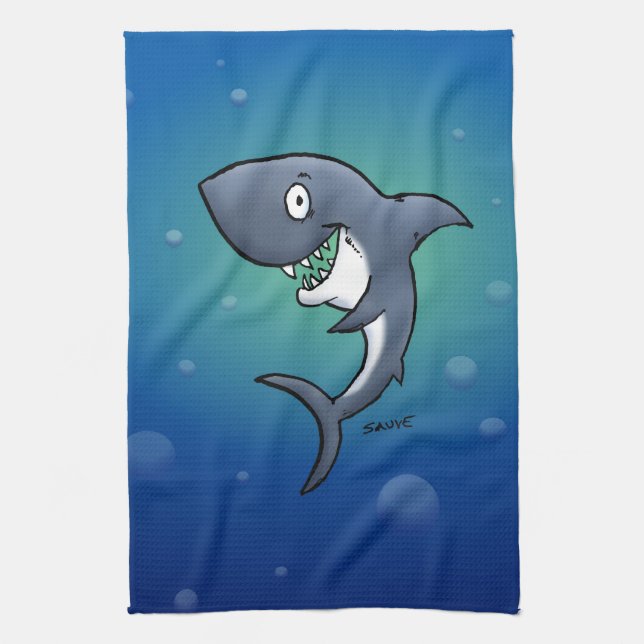 Smiling Funny Shark on Blue Background Tea Towel (Vertical)