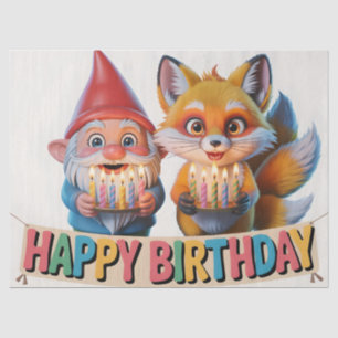 Smiling Garden Gnome and Fox Cub Birthday Tissue Paper