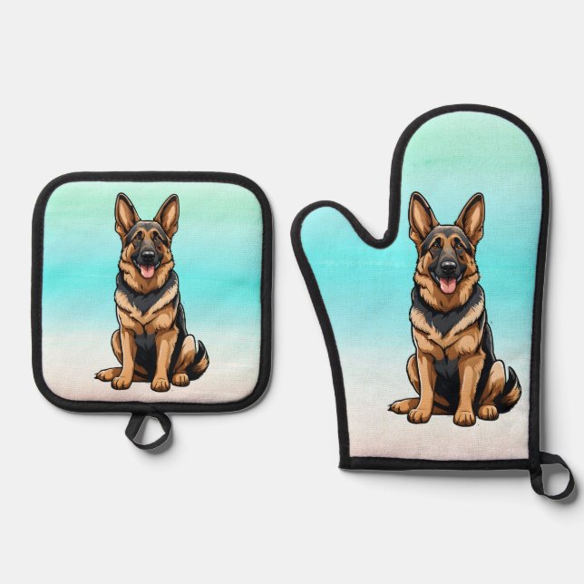 Smiling German Shepherd Dog Oven Mitt & Pot Holder Set (Front)