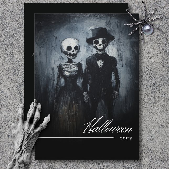 Smiling Ghoul Couple Black & White Halloween Party Invitation (Smiling Ghoul Couple Black & White Halloween Party Invitation)
