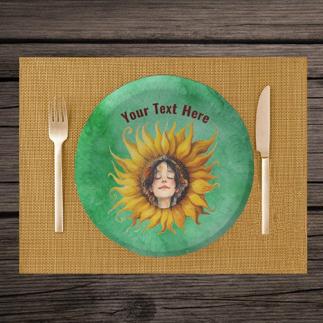 Smiling Girl Brown Hair in Big Sunflower on Green Paper Plate (Smiling girl brown hair in middle of big fancy yellow sunflower on green paper party bowls.)