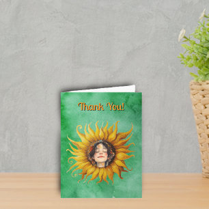 Smiling Girls Face in Middle of Yellow Sunflower Thank You Card