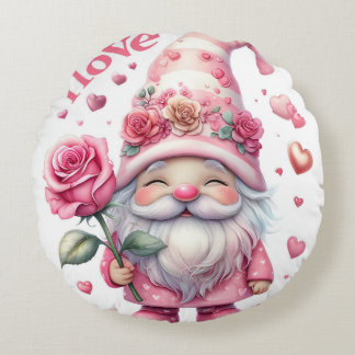 Smiling Gnome Holding a Pink Rose  Round Cushion
