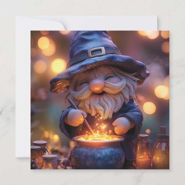 Smiling Gnome Stirring Magic Pot Holiday Card (Front)