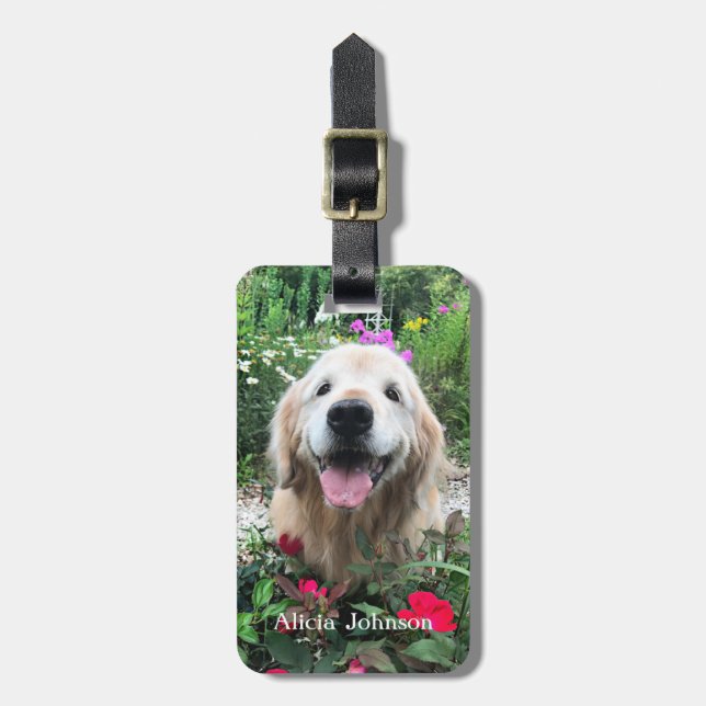 Smiling Golden Retriever Dog Among Flowers Luggage Tag (Front Vertical)