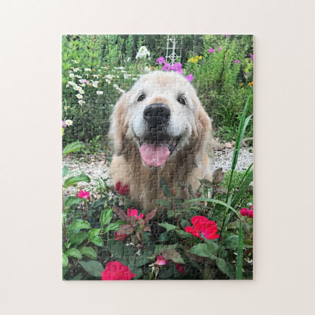 Smiling Golden Retriever Dog Among Red Flowers Jigsaw Puzzle (Vertical)