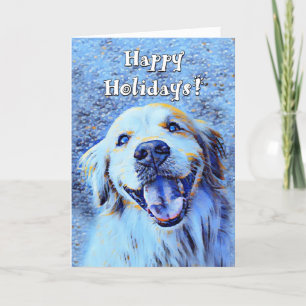 Smiling Golden Retriever Dog Blue Art Christmas Holiday Card