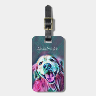 Smiling Golden Retriever Dog in Neon Colours Luggage Tag