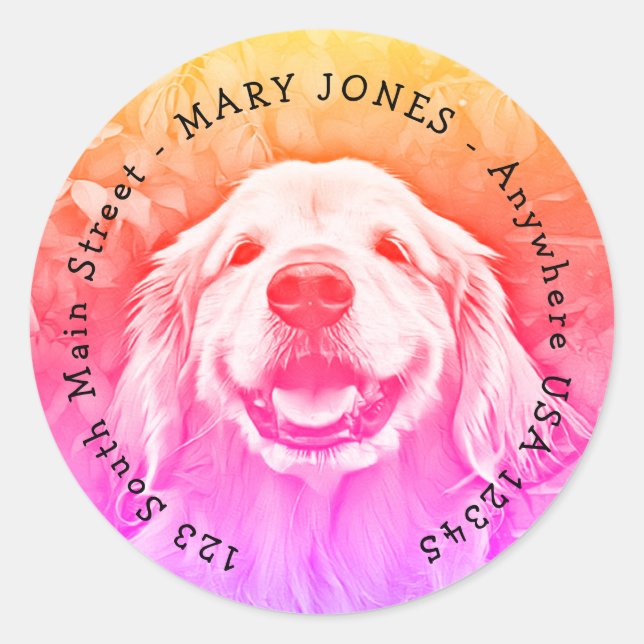 Smiling Golden Retriever Dog in Pink and Orange Classic Round Sticker (Front)