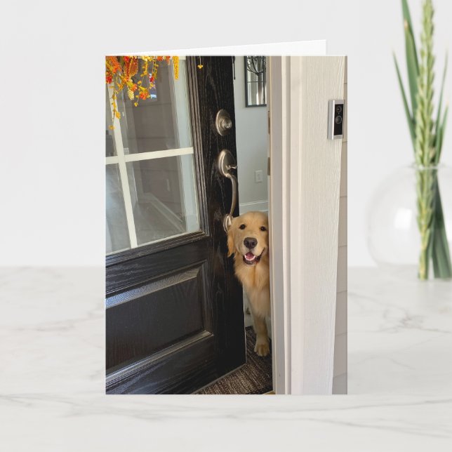 Smiling Golden Retriever Dog Peeking Out Door Hi Card (Front)