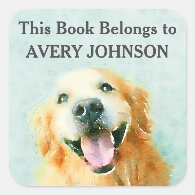 Smiling Golden Retriever in Watercolor Bookplate Square Sticker (Front)