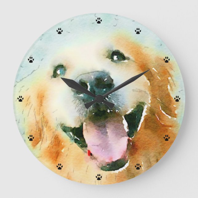 Smiling Golden Retriever in Watercolor Large Clock (Front)
