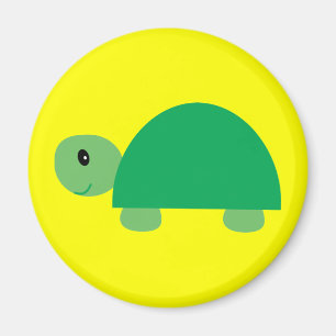 Smiling green cartoon turtle round yellow magnet