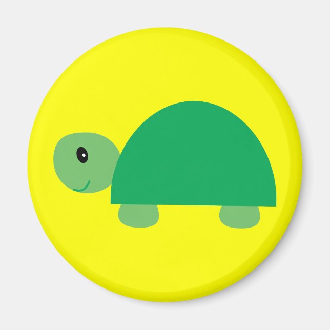 Smiling green cartoon turtle round yellow magnet (Front)