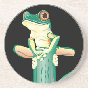 Smiling Green Tree Frog on Bamboo Coaster