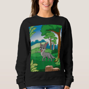 Smiling Grey Wolf Running Thru The Forest With Blu Sweatshirt
