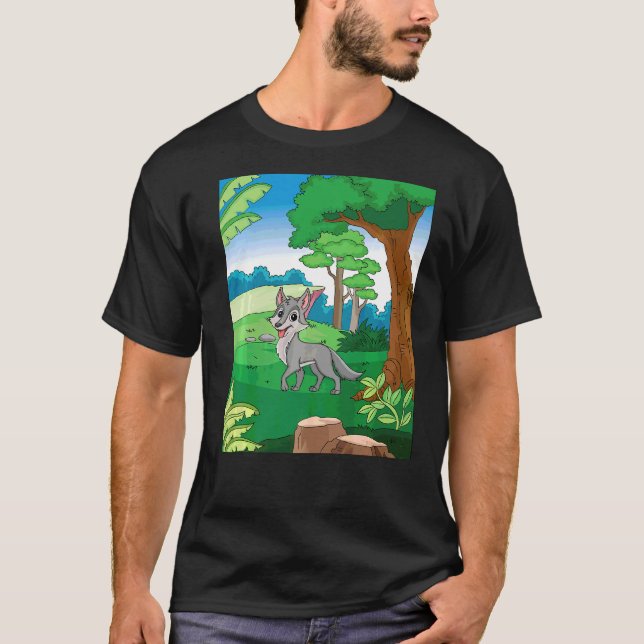 Smiling Grey Wolf Running Thru The Forest With Blu T-Shirt (Front)
