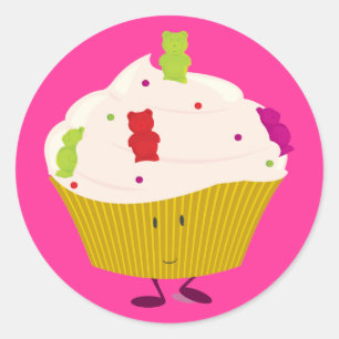 Smiling gummy bear cupcake classic round sticker