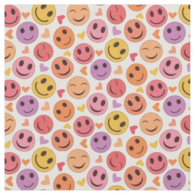 Smiling Happy faces with Colourful hearts Fabric (Close Up)