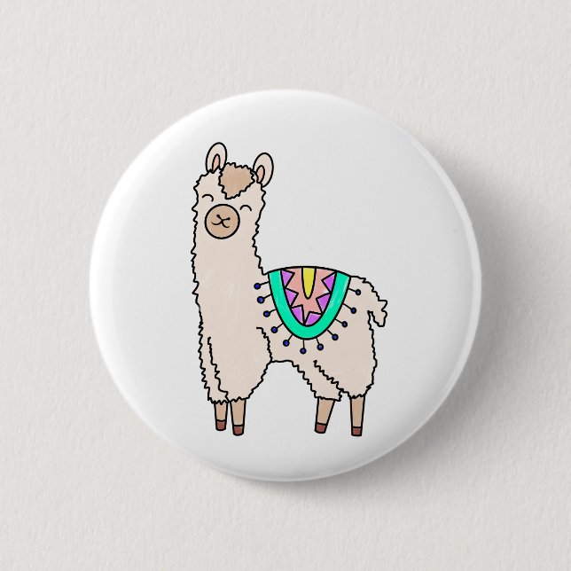 smiling happy llama alpaca cartoon animal drawing  6 cm round badge (Front)