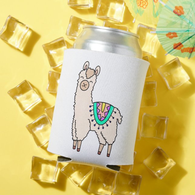 smiling happy llama alpaca cartoon animal drawing  can cooler (In Situ Summer)