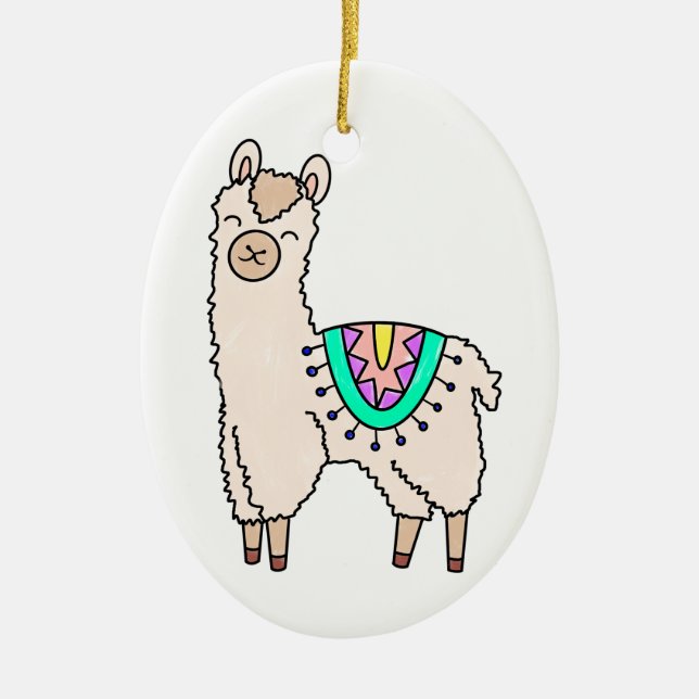smiling happy llama alpaca cartoon animal drawing  ceramic tree decoration (Front)