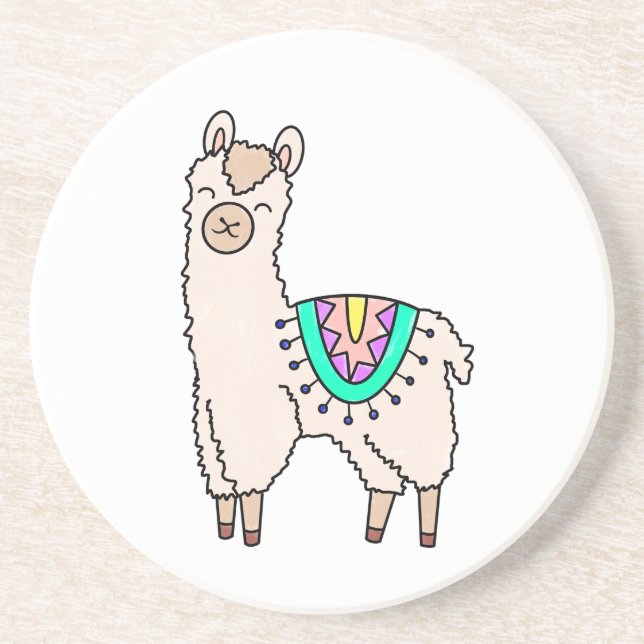 smiling happy llama alpaca cartoon animal drawing  coaster (Front)