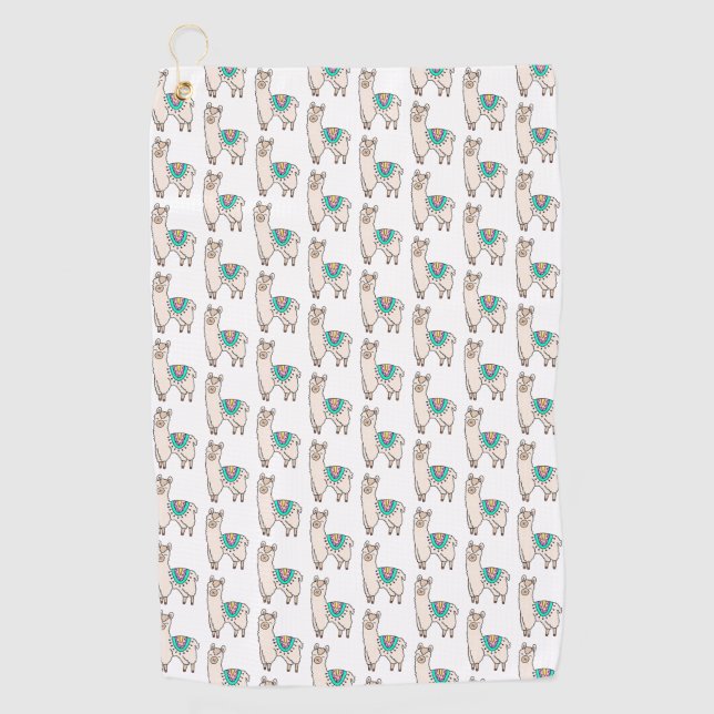 smiling happy llama alpaca cartoon animal drawing  golf towel (Front)