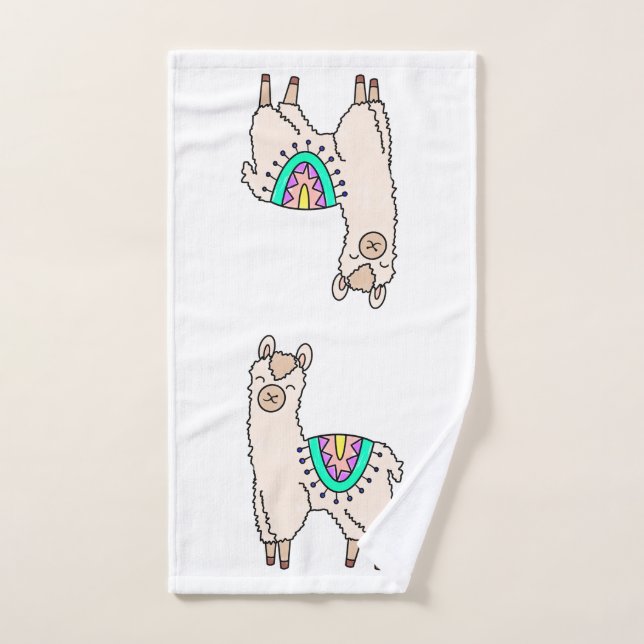 smiling happy llama alpaca cartoon animal drawing  hand towel (Hand Towel)