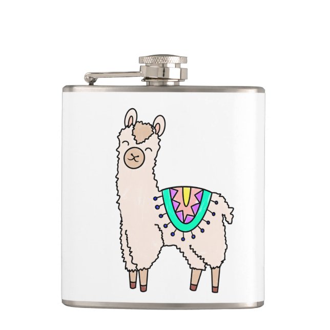 smiling happy llama alpaca cartoon animal drawing  hip flask (Front)
