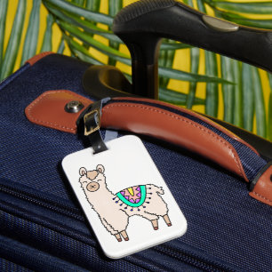 smiling happy llama alpaca cartoon animal drawing  luggage tag