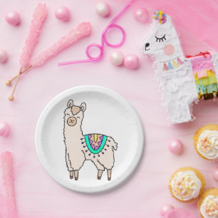 smiling happy llama alpaca cartoon animal drawing paper plate