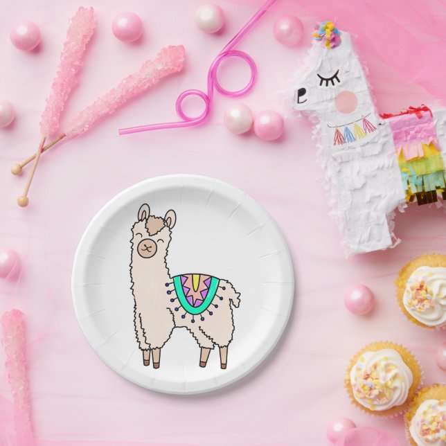 smiling happy llama alpaca cartoon animal drawing  paper plate (Party)