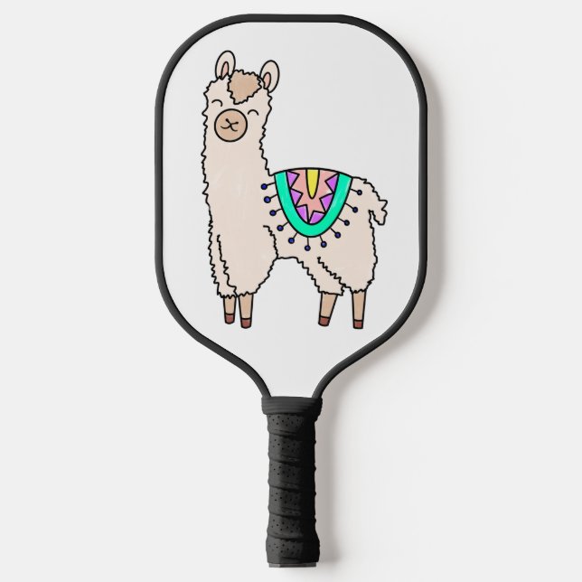 smiling happy llama alpaca cartoon animal drawing  pickleball paddle (Front)