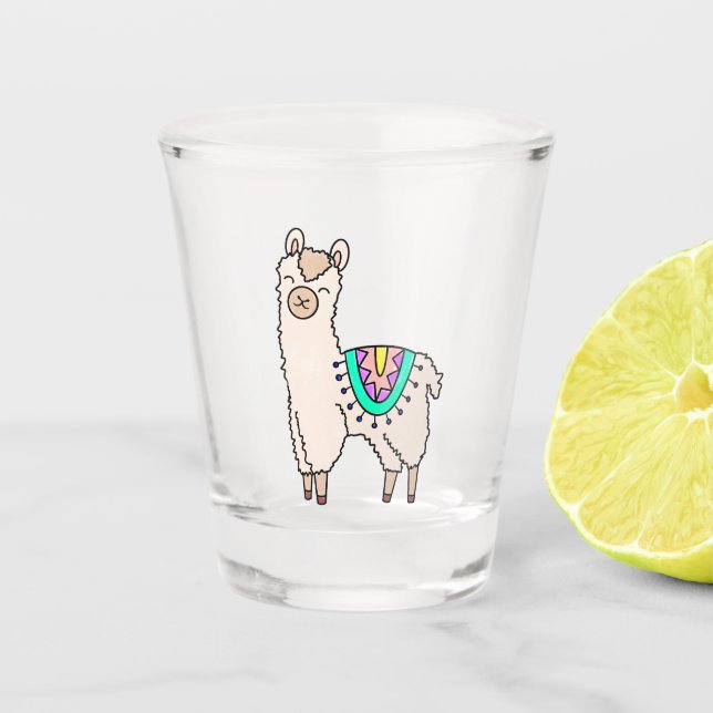 smiling happy llama alpaca cartoon animal drawing  shot glass (Front)