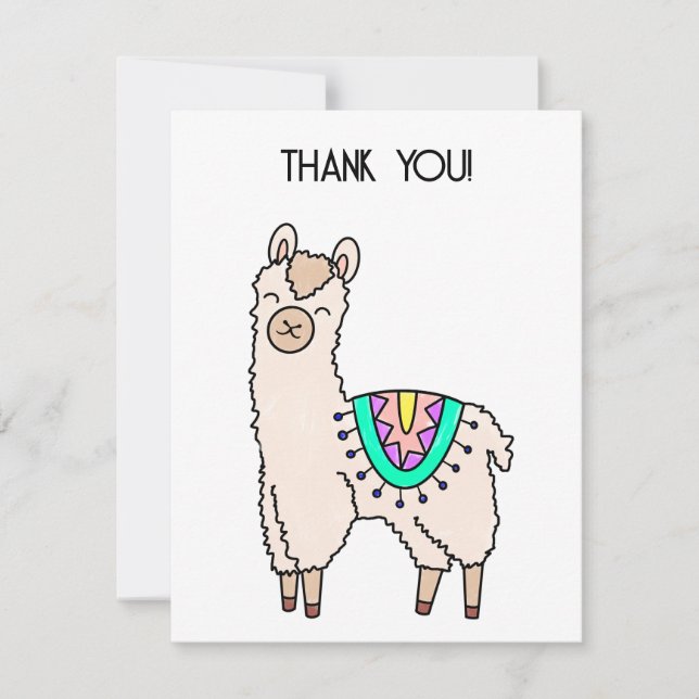 smiling happy llama alpaca cartoon animal drawing  thank you card (Front)