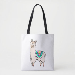 smiling happy llama alpaca cartoon animal drawing  tote bag