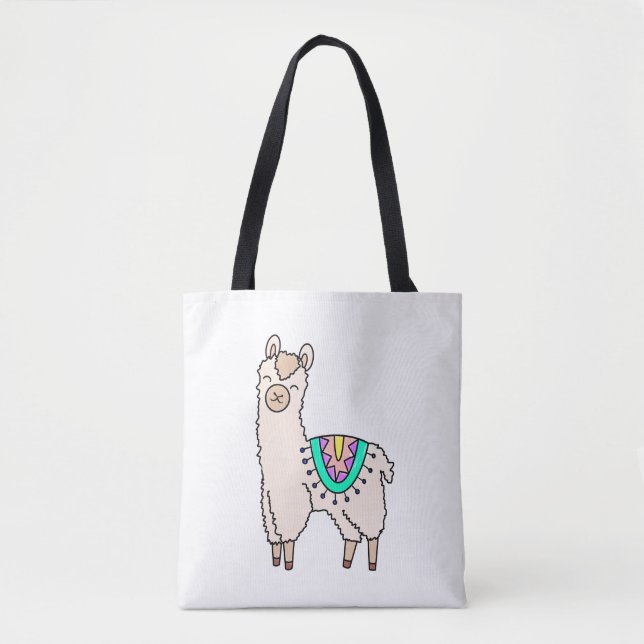 smiling happy llama alpaca cartoon animal drawing  tote bag (Front)