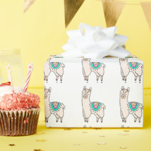 smiling happy llama alpaca cartoon animal drawing  wrapping paper