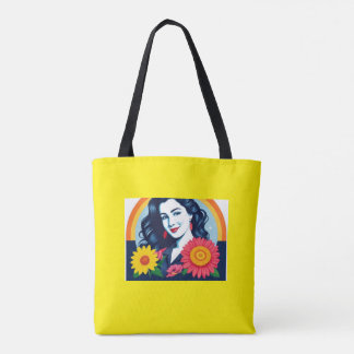 smiling happy woman face flowers tote bag