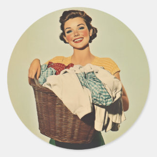 Smiling Housewife with Laundry Basket Classic Round Sticker