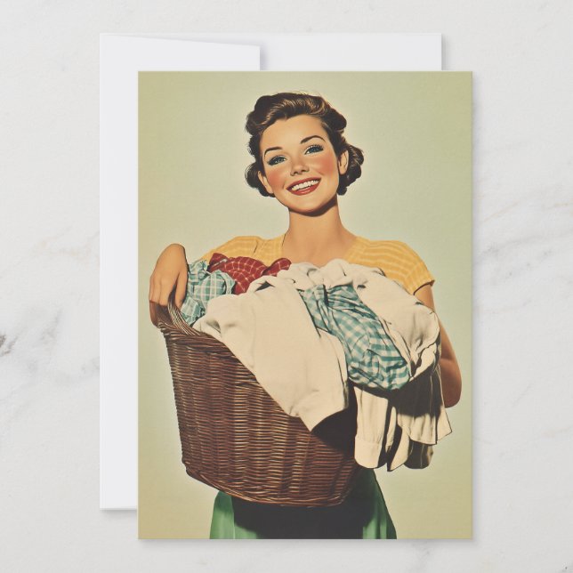 Smiling Housewife with Laundry Basket Invitation (Front)